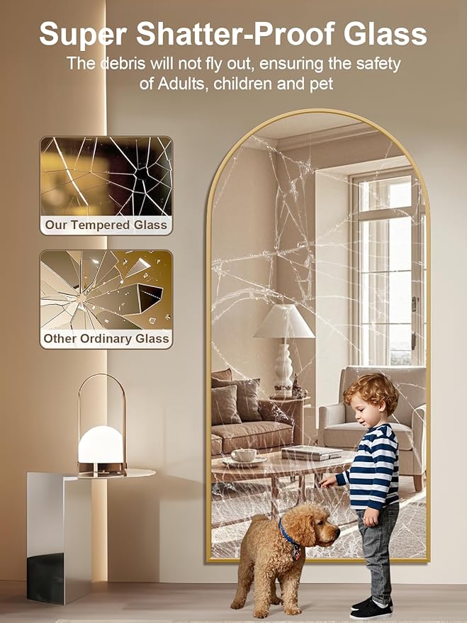 SUNQUEEN Arched Mirror Full Length, 71"×32" Full Length Mirror with Stand, Standing Floor Mirror Wall, Hanging or Leaning Large Full Body Mirrors for Bedroom Living Room(Gold)