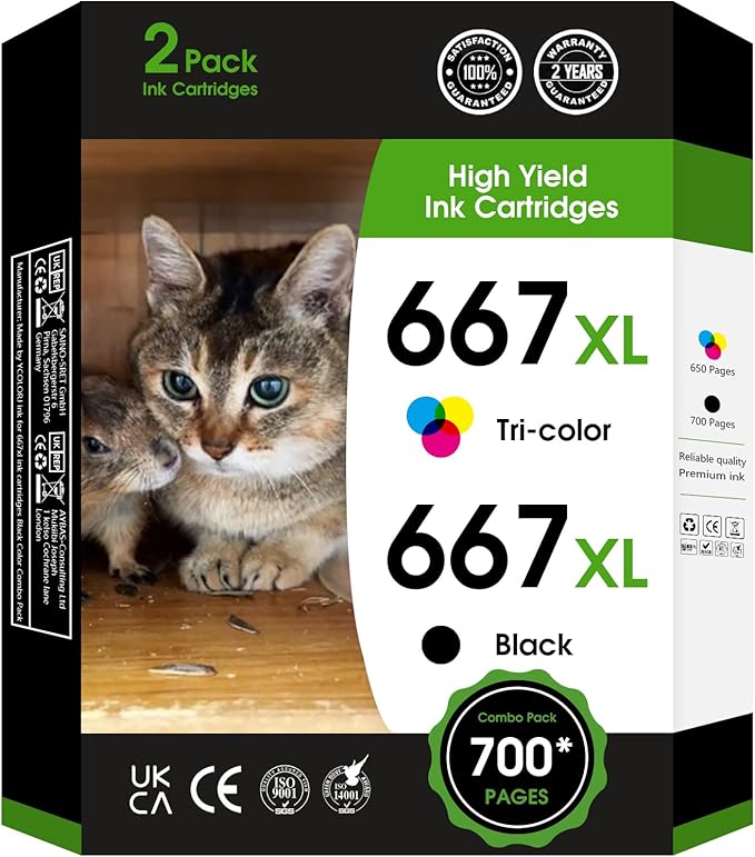 667XL 667 XL Black and Color Replacement for HP 667 XL 667 Ink Cartridges for Deskjet Ink Advantage 1275 2375,DeskJet2775,1275 2374 2375 2376 2775 2776 6075 6475 6476 Printers (1 Black, 1 Tri-Color)