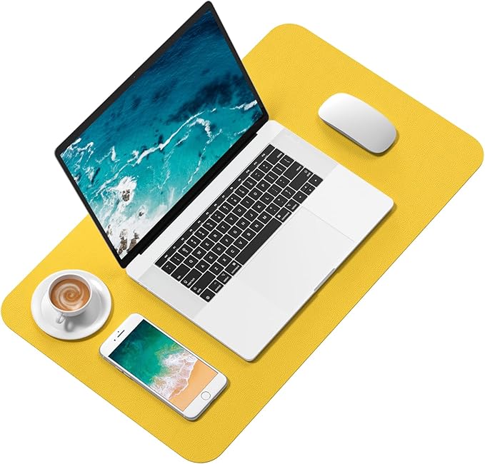 Hsurbtra Desk Pad, 23.6" x 13.8" PU Leather Desk Mat, M Extended Mouse Pad, Waterproof Desktop Blotter Protector, Non-Slip Ultra Thin Small Laptop Keyboard Writing Mat for Office Home, Yellow