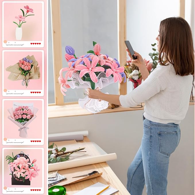 500 PCS Pipe Cleaners Craft Kit for Flower Making Lily DIY Material Bundle with 20 Stems, 100 Stamens, Ribbon, Tulle, Glue Sticks & Step-by-Step Guide Vibrant Colors, Non-Shedding, Fade-Resistant