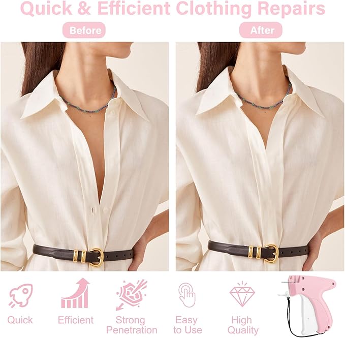 Stitch Gun for Clothes Quick Clothing Fixer & Tagging Gun with 6 Needles & 1000 Black+1000 White Fasteners, Handheld Sewing Tool for Instant Repairs, Quilting, Retail Price Tags No Thread Needed Pink