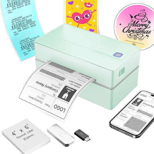 Bluetooth Thermal Shipping Label Printer: 4x6 Wireless Label Maker with Tape for Small Business - Compatible with iPhone, Android, Windows & Mac, Widely Used for USPS UPS Ebay Amazon Shopify, Green