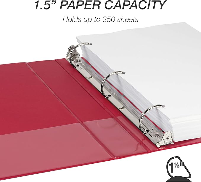 Samsill Durable 1.5 inch 3 Ring Binder, Made in USA, D Ring Binder, FSC 100% Recycled Chipboard, Red, 4 Pack