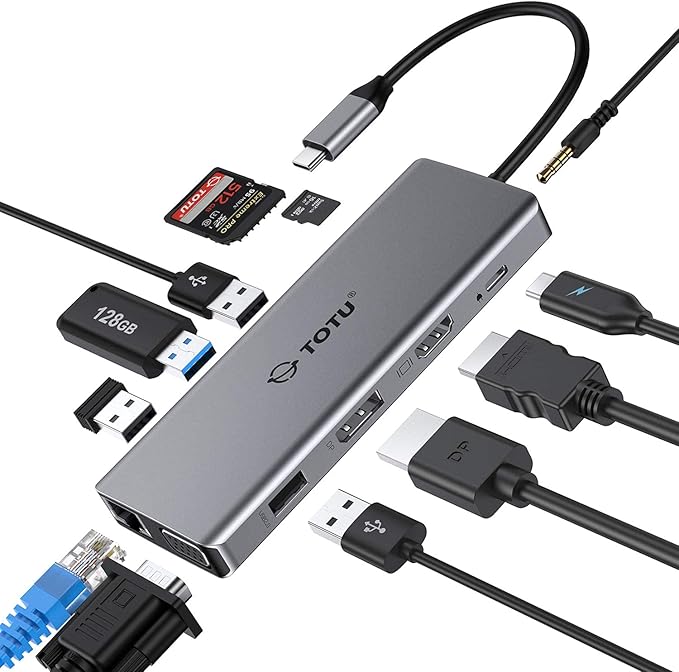 USB C Hub, TOTU Upgraded 13 in 1 Type C Hub to 4K HDMI & DP, VGA, 2 USB3.0/2 USB2.0/75W PD, Triple Display Docking Station for MacBook Pro and Windows USB C Systems, macOS only Support Mirror 1