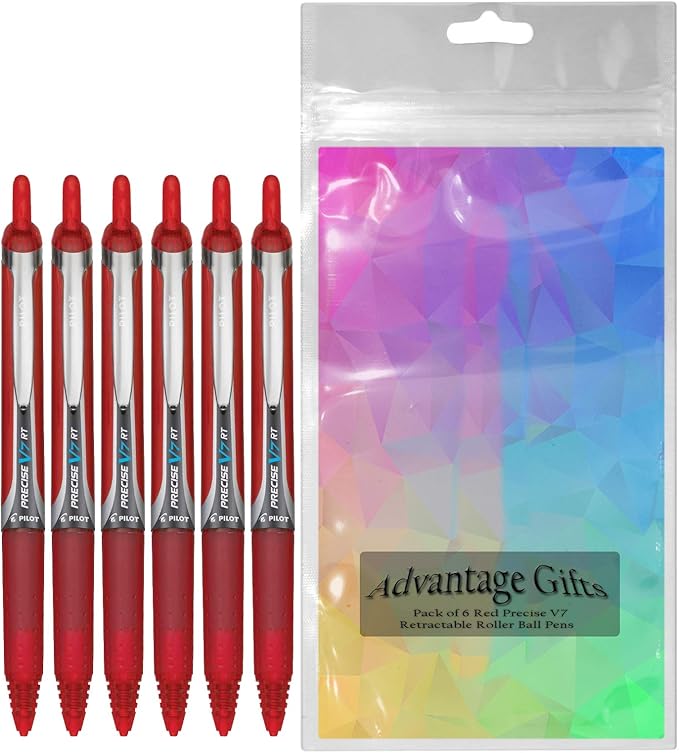 Precise V7 RT Retractable Rolling Ball Pens, Fine Point (.7mm), Red Ink, 6-pk; Premium Comfort Grip, Bundle with Plastic Reusable Pouch