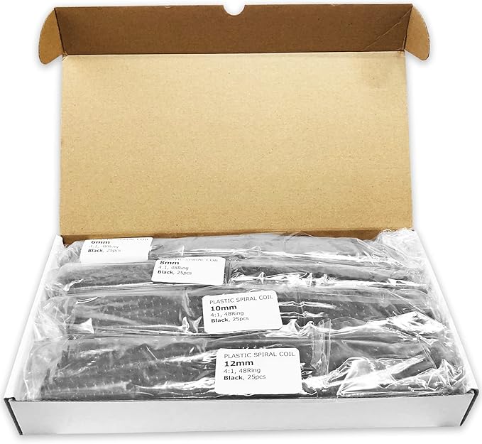 Binditek 100 Pack Plastic Spiral Binding Coils, Multi Size (6mm, 8mm, 10mm, 12mm) (1/4", 5/16", 3/8", 1/2"), 4:1 Pitch, Black, for Students and Coworkers