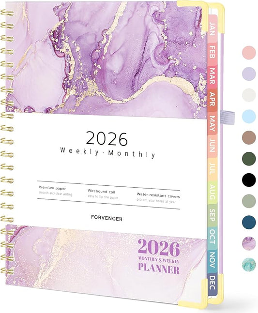 Forvencer 2026 Planner, Hardcover Calendar Planner Weekly and Monthly, January 2026 - December 2026, 8.5" x 11", Spiral Agenda Book with Tabs, Exquisite Daily Journal with Inner Pocket, Organizer Notebook for Office Home School, A4 Size, Purple Marble