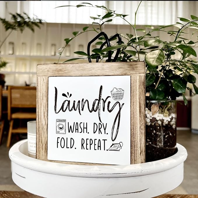 Laundry Room Decor, Laundry Steps Sign, Wash Dry Fold Repeat Sign, Wooden Box Signs for Home Decor, Farmhouse Wood Plaque Sign, Laundry Room Shelf Decoration, Country Style Wood Block Laundry Sign