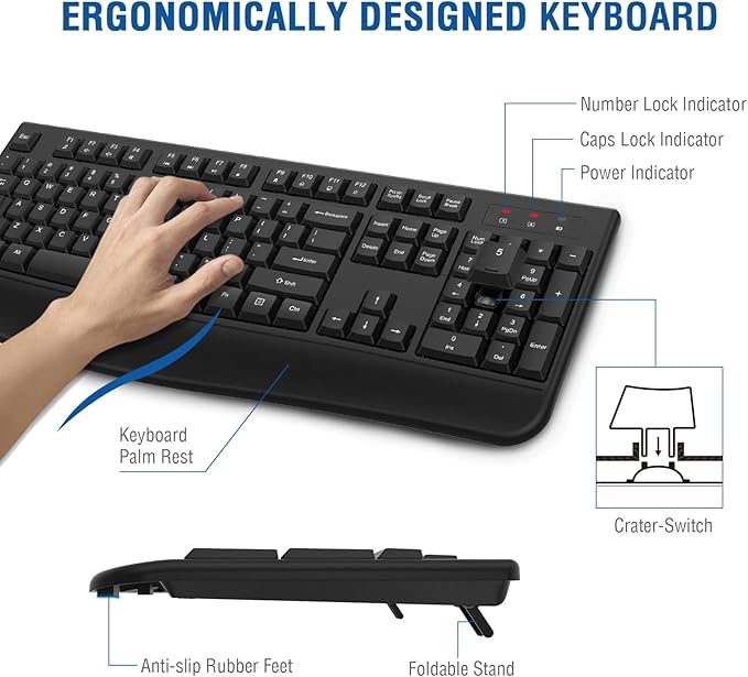 Wireless Keyboard and Mouse Combo, EDJO 2.4G Full-Sized Ergonomic Computer Keyboard with Wrist Rest and 3 Level DPI Adjustable Wireless Mouse for Windows, Mac OS Desktop/Laptop/PC(8 Pack)