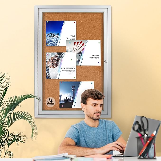 Lockable Outdoor Enclosed Bulletin Board, Weatherproof Cork Noticeboard with Locking Door, Wall-Mounted Aluminum Framed Display Case for Messages,36x24in (5xA4)