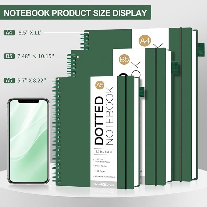 AHGXG Bullet Dotted Journal - Dot Grid Spiral Notebook 8.5" x 11", A4 Large Dotted Notebook, 100 GSM Thick Paper, Waterproof Plastic Cover Journals for Bullet Journaling, Sketching, Green