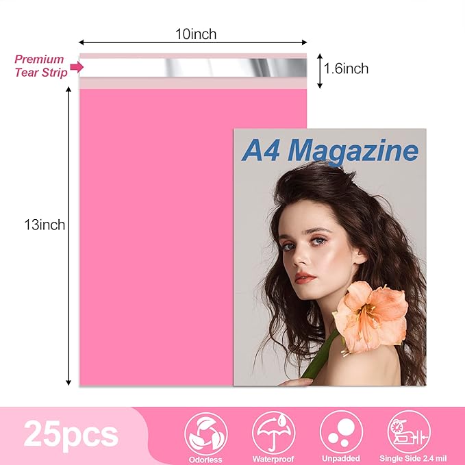 JinRuiKJ Thank You Poly Mailer 10x13 Inch 25 PCS, Shipping Bags for Clothing, Packaging Bags for Small Business, Strong Adhensive, Waterproof and Tear-Resistant Mailing Envelopes, Pink