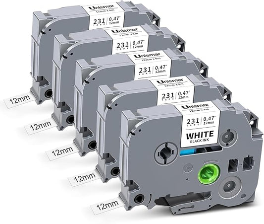 Unismar 5-Pack TZ Tape 12mm 0.47 Laminated White Compatible for Brother P Touch Label Maker Tape TZe-231 TZe231 TZe-2312pk 1/2" Refills for Ptouch PT-D220 D210 D610BT D200 1280, Black on White