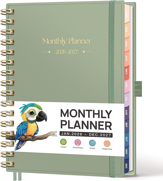 RETTACY 2026-2027 Monthly Planner, Jan 2026 - Dec 2027, Medium Size (5.7" x 8.3"), Agenda, Calendar, 24 Month Tabs, Flexible Plastic Cover, 100 GSM Thick Paper, Spiral-bound (Light Green)