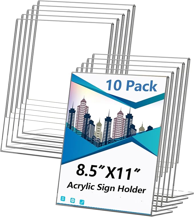 Acrylic Sign Holder 8.5x11 Inches, 10 Pack Clear Plastic Table Flyer Display Stand, L-Shape Vertical Menu Paper Holder Stand, Clear Picture Photo Flyer Display Stand for Restaurants, Store Fair,Office