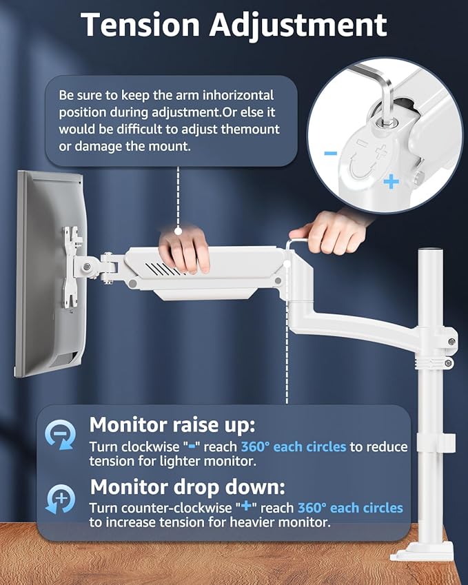 Single Monitor Arm Holds 4.4-22lbs, Monitor Stand for Desk, Height Adjustable Monitors Mount for 32 27 24 22inch, Full-Motion Monitors Desk Mount with C-Clamp＆Grommet Base, Freelift White