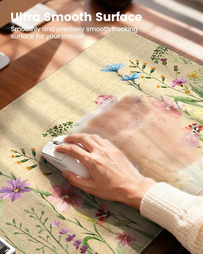 iCasso Desk Cover Mat, Extra Large Floral Mouse Pad, Desk Pad Mat,Office Matt for Desktop Protector, Anti-Slip XXL Big Mousepad with Stitched Edges for Laptop Computer Keyboard(Beige)