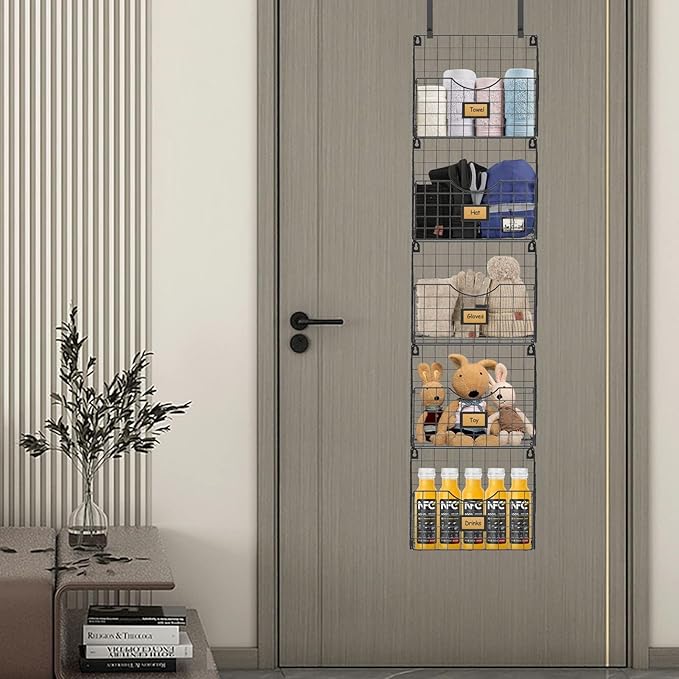 5-Tier Over the Door File Organizer, Stackable Hanging Wall Files Rack with Door Hooks Wall Organizers, SVertical Wall File Storage with Tag for Office Home and Work Easy Organizing - Black