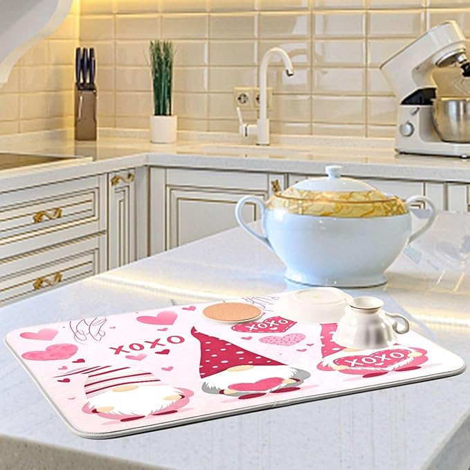 Happy Valentine Hearts Gnomes Dish Drying Mat 16 X 18 In Red Love Absorbent Microfiber Dry Dishes Pads Tableware Mats Protector for Kitchen Countertops Counter Home Decorations