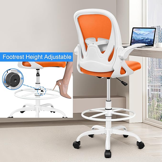 Primy Drafting Chair Tall Office Chair with Flip-up Armrests Executive Ergonomic Computer Standing Desk Chair with Lumbar Support and Adjustable Footrest Ring (Sunset Orange)