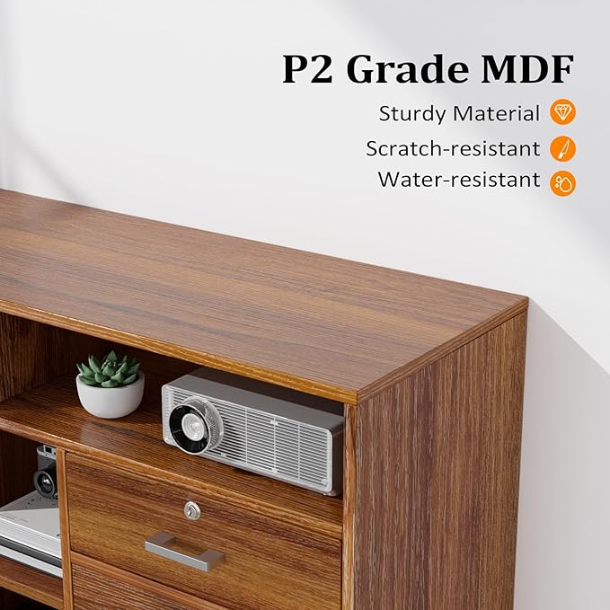 VINGLI Wide 4 Drawer Lockable Rolling File Cabinet with Open Shelves - Walnut Wood Lateral File Cabinet Printer Stand for Home Office, Letter Sized