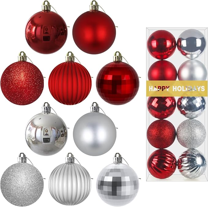 Silver & Red 3.2" Large Christmas Balls - Christmas Tree Decoration Ornaments Shatterproof Hanging Balls for Birthday Halloween Holiday Wedding Decorations Set of 10pcs