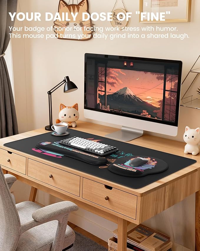 HAOCOO 4-in-1 Cute Desk Mat Set, Ergonomic Mouse Pad with Gel Wrist Rest, Memory Foam Keyboard Wrist Rest for Pain Relief, Desktop Protector Coaster, Comoputer Pads with Non-Slip Base(Black)