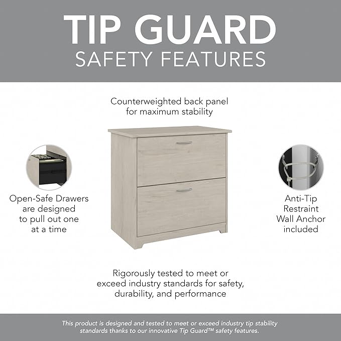 Bush Furniture Cabot 2 Drawer Lateral File Cabinet in Linen White Oak, Home Office Chest for Letter, Legal, and A4-Size Document Storage