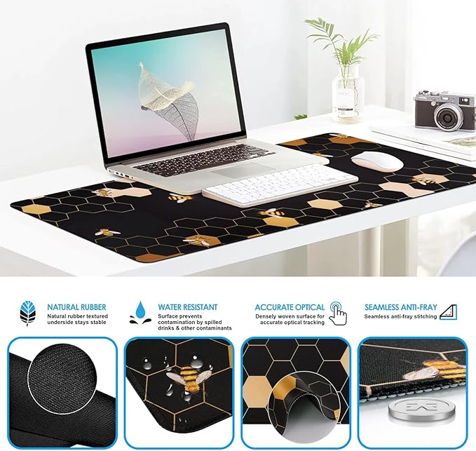 iCasso Desk Mat, Gaming Mouse Pad Wrist Support Set,4in1 XXL Large Mousepad + Keyboard Wrist Rest+Mouse Wrist Rest+Coaster Set with Ergonomic Design for Home Office Table Computer-Honeycomb