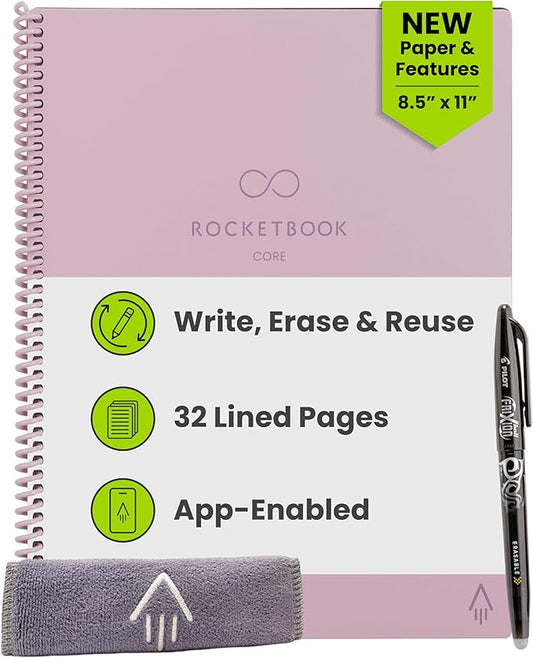 Rocketbook New Core Reusable Spiral Notebook, Letter Size 8.5x11, Pink - Lined Pages, App-Connected, Erasable, Durable Cover, Ideal for School, Work, and Creative Projects