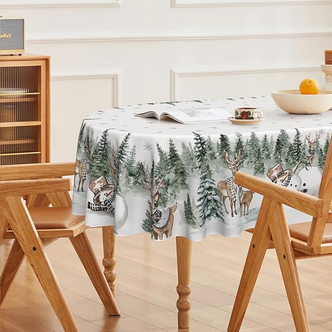 Horaldaily Christmas Tablecloth 60×84 Inch Oval, Deers Snowman Trees White Washable Table Cover for Party Picnic Dinner Decor