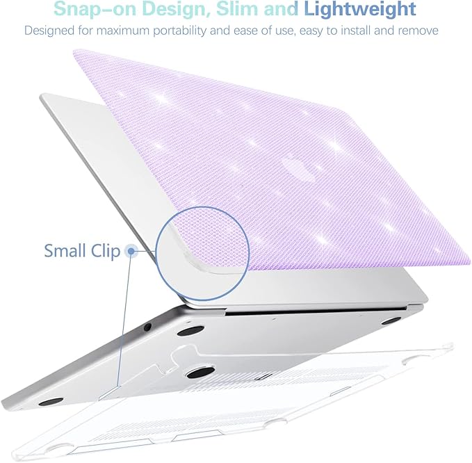 KEROM Bling Glitter Case for MacBook Air 13 inch 2022-2018 M1 A2337 A2179 A1932, Luxury Bedazzled Shiny Sparkle PU Leather Hard Shell & Keyboard Cover for Mac Air 13 M1, Purple Glitter