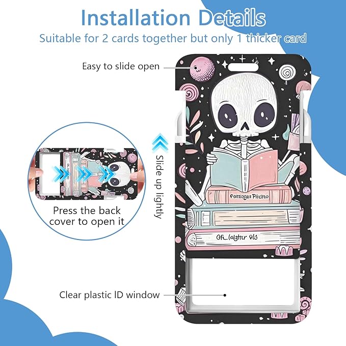 Cute Skull Reading Badge Holder Reel Lanyard,ID Card Badge Holder Retractable Name Tag Clips for Doctor Nurse Teacher Office Student