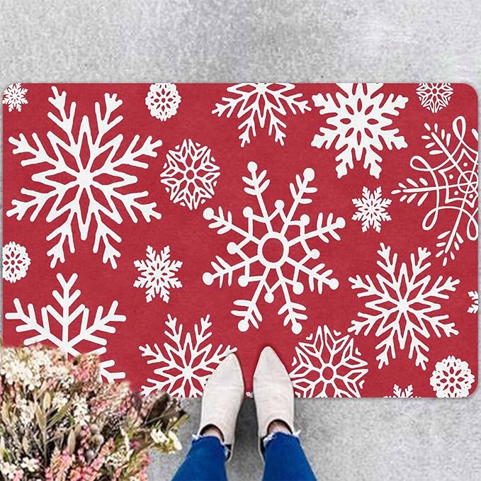 InterestPrint Christmas Red Door Mat Xmas Snowflakes Doormat Washable Floor Mats Outdoor Indoor Non-Skid Area Rug Entry Doormat for Bedroom Living Room Kitchen Nursery, 16" x 24" Inch