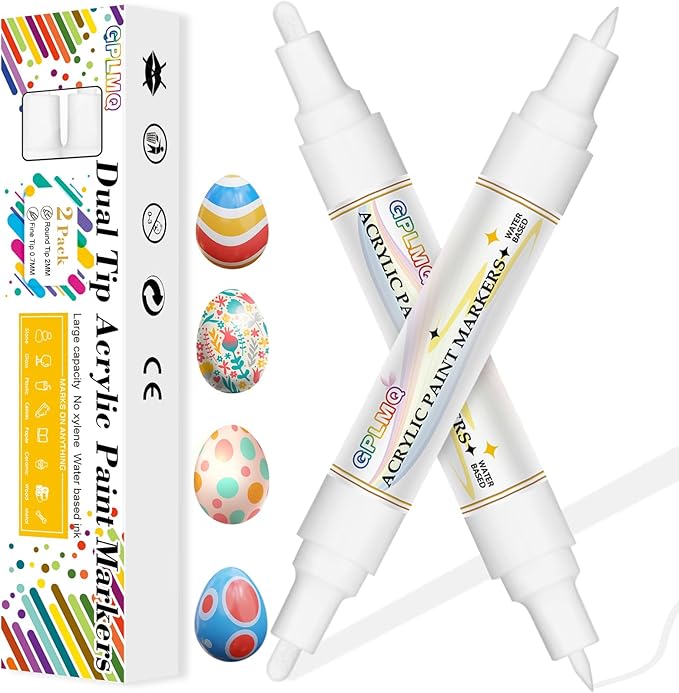 Paint Markers Paint Pens - 2 Pack Dual Tip Acrylic Permanent Marker (0.7mm & 3mm), Non-Toxic, Water-Based for Art Painting, Stone, Ceramic, Glass, Wood, Fabric, Metal, DIY Crafts (White)