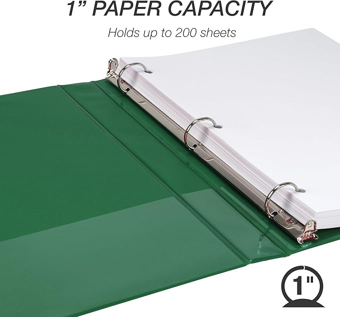 Samsill 1 Inch 3 Ring Binder, Made in USA, Economy Round Ring, Clear View Cover, 200 Sheet Capacity - for School, Home, Office - Forest Green