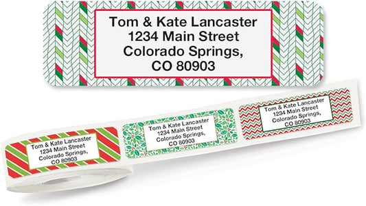 Christmas Festive Prints Rolled Personalized Return Address Mailing Labels with Dispenser, Set of 250, 5 Designs, Small ¾ x 2½ Inch Size, Custom Self-Adhesive Sticker Roll, by Colorful Images