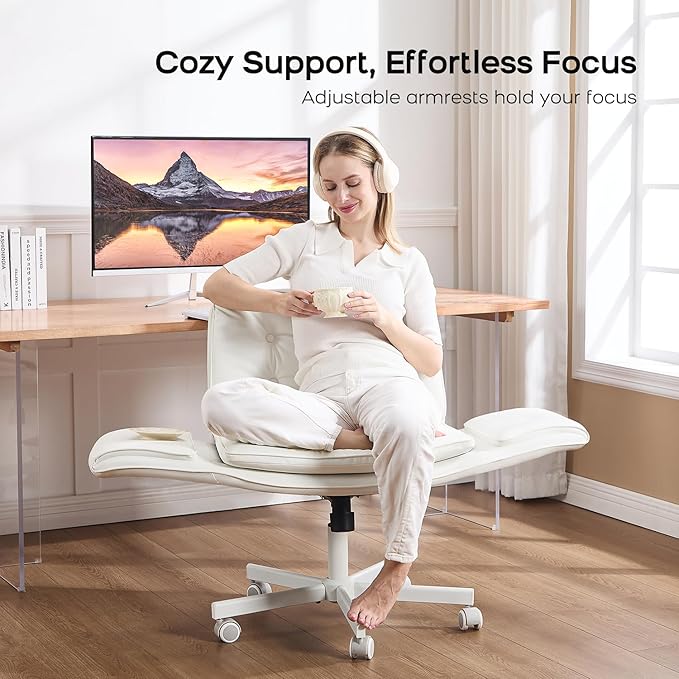 Criss Cross Chair with Armrests & Wheels, PU Leather Vanity Chair, Comfortable Adjustable Swivel Computer Office Desk Chairs for Home, Make Up, Bed Room (White)