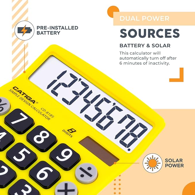 CATIGA Desktop Calculator 8 Digit with Solar Power and LCD Display, Big Buttons, for Home, Office, School, Class and Business, 4 Function Small Basic Calculators for Desk, CD-8185
