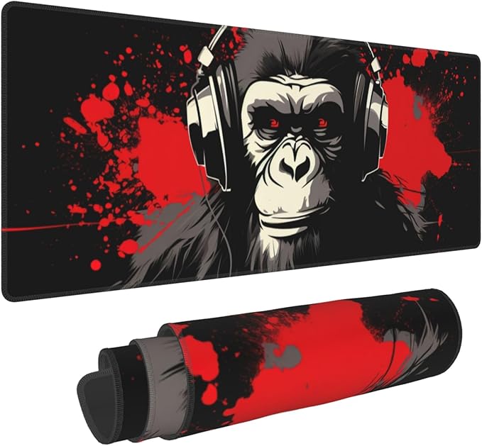 Stylish Gorilla with Headphones Against Themed Mouse Pad 31.5 x 12 Inch, Anti-Slip Rubber Base, Ideal for Computer, Laptop, Office & Home Use