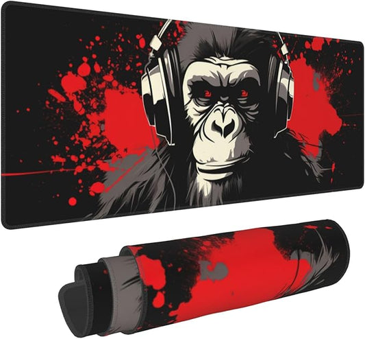 Stylish Gorilla with Headphones Against Themed Mouse Pad 31.5 x 12 Inch, Anti-Slip Rubber Base, Ideal for Computer, Laptop, Office & Home Use