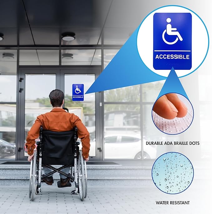ADA Handicap Accessible Compliant Sign with Braille Sign w/Adhesive Back - Durable and Wipe Clean Plastic - 9"X6" - Blue and White - Business Restaurant Signage - 12 PK