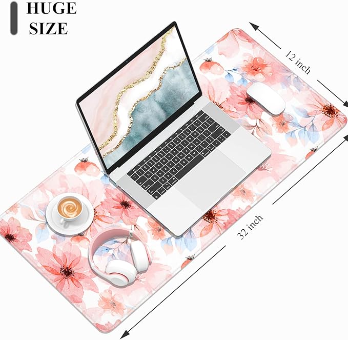 Desk Mat, 32" x 12" XXL Extended Large Gaming Mouse Pad, Desktop Decor Desk Pad, Cute Men Women Office Supplies and Accessories, XL Mouse Mat for Laptop & Keyboard, Pink Flower