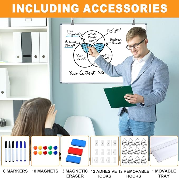 H-Qprobd White Board Dry Erase Whiteboard for Wall 24x18 (3pcs) Magnetic Boards for Office Classroom & Home, Small Wall Whiteboard Including 6 Markers, 10 Magnets, 2 Erasers & 15 Adhesive Hooks