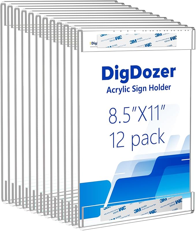 12 Pcs Acrylic Sign Holder 8.5 x 11, Vertical Wall Mount Sign Holders with Adhesive, Clear Plastic Frames Paper Display Sign Holders for Office, Home, Store, Restaurant - No Drilling
