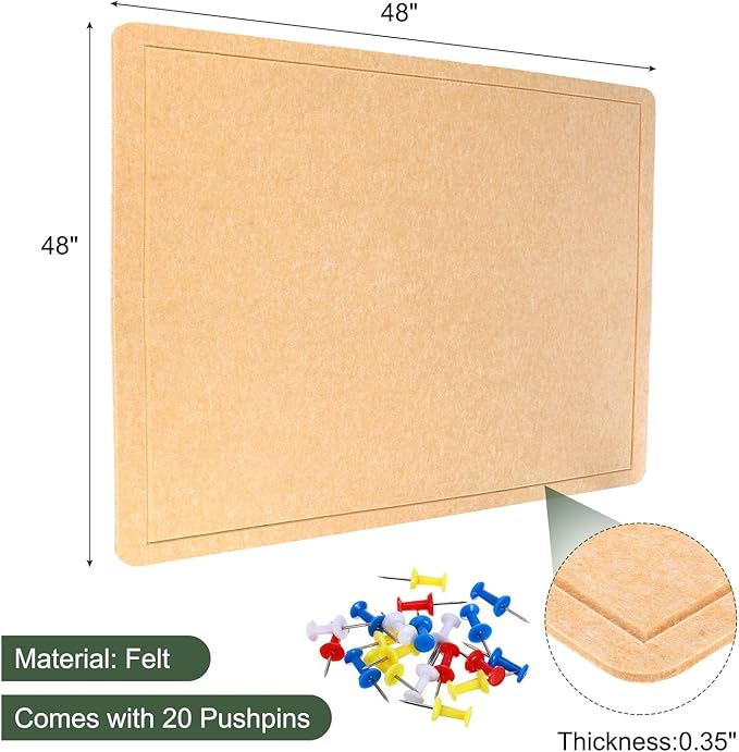 YOKIVE Felt Bulletin Board, 48 x 48 -Inch Foldable Decorative Pin Board Self Adhesive Felt Cork Board with 20 Pushpins, Great for Wall, Photo Display, Paste Note, Schedule(Beige Brown)