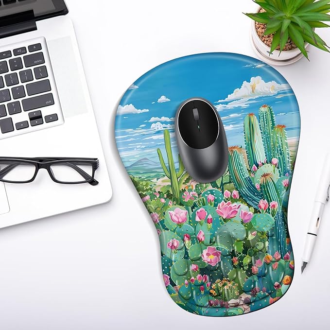 YIWEI Ergonomic Mouse Pad with Wrist Rest Support, Mousepad with Comfortable Memory Foam Wrist Rest and Non-Slip PU Base for Pain Relief, Computer, Laptop, Office, Home (Cactus)