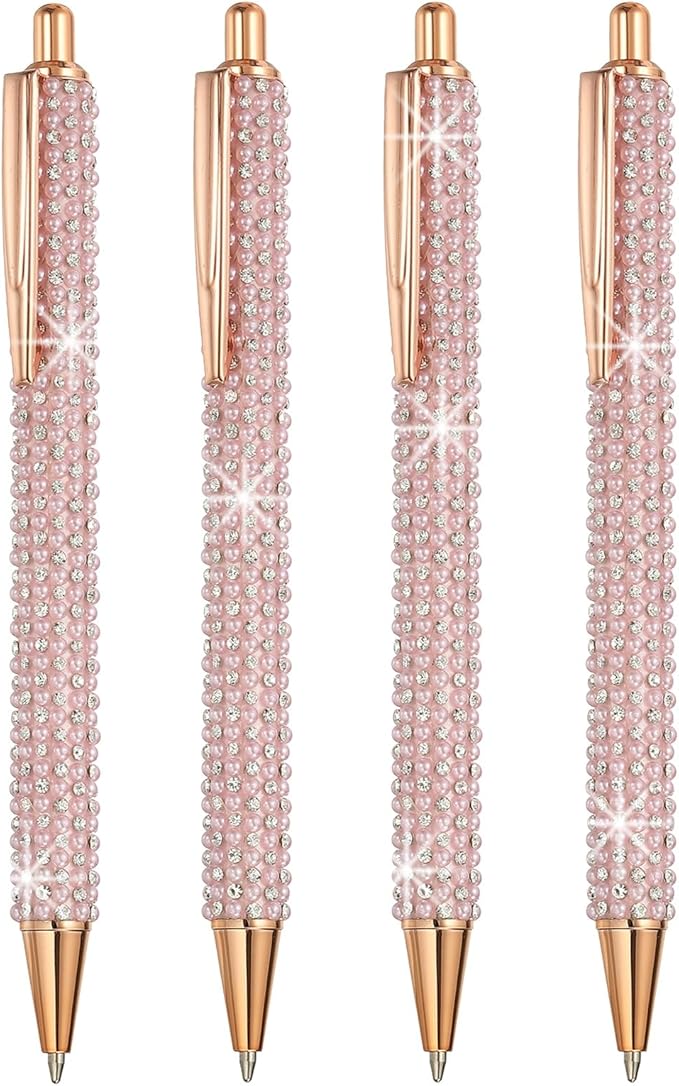 PATIKIL Rhinestone Metal Ballpoint Pen, 4 Pack Crystal Pearl Pens Black Ink 1.0mm Point Sparkly for Women Gift Office Note Taking Journaling, Pink
