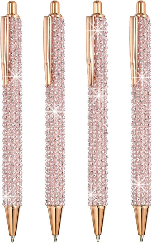 PATIKIL Rhinestone Metal Ballpoint Pen, 4 Pack Crystal Pearl Pens Black Ink 1.0mm Point Sparkly for Women Gift Office Note Taking Journaling, Pink