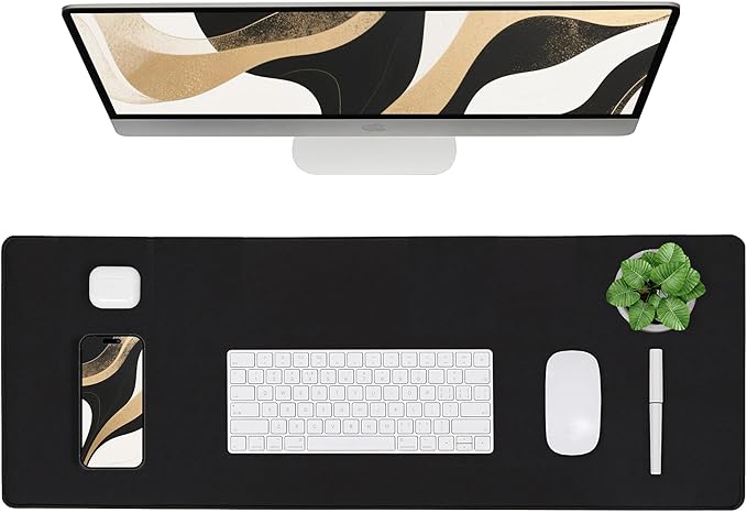 ALOANES Black Waterproof Desk Mat, Large Mouse Pad with Extended Mouse Mat, with Anti Slip Base, Stitched Edge, Grain Jacquard Surface, Perfect for Gamer, Office & Home, 3XL 15.74''x35.43''x0.12''